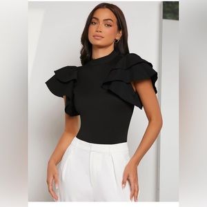 Women Mock Neck Ruffle Trim Black Bodysuit